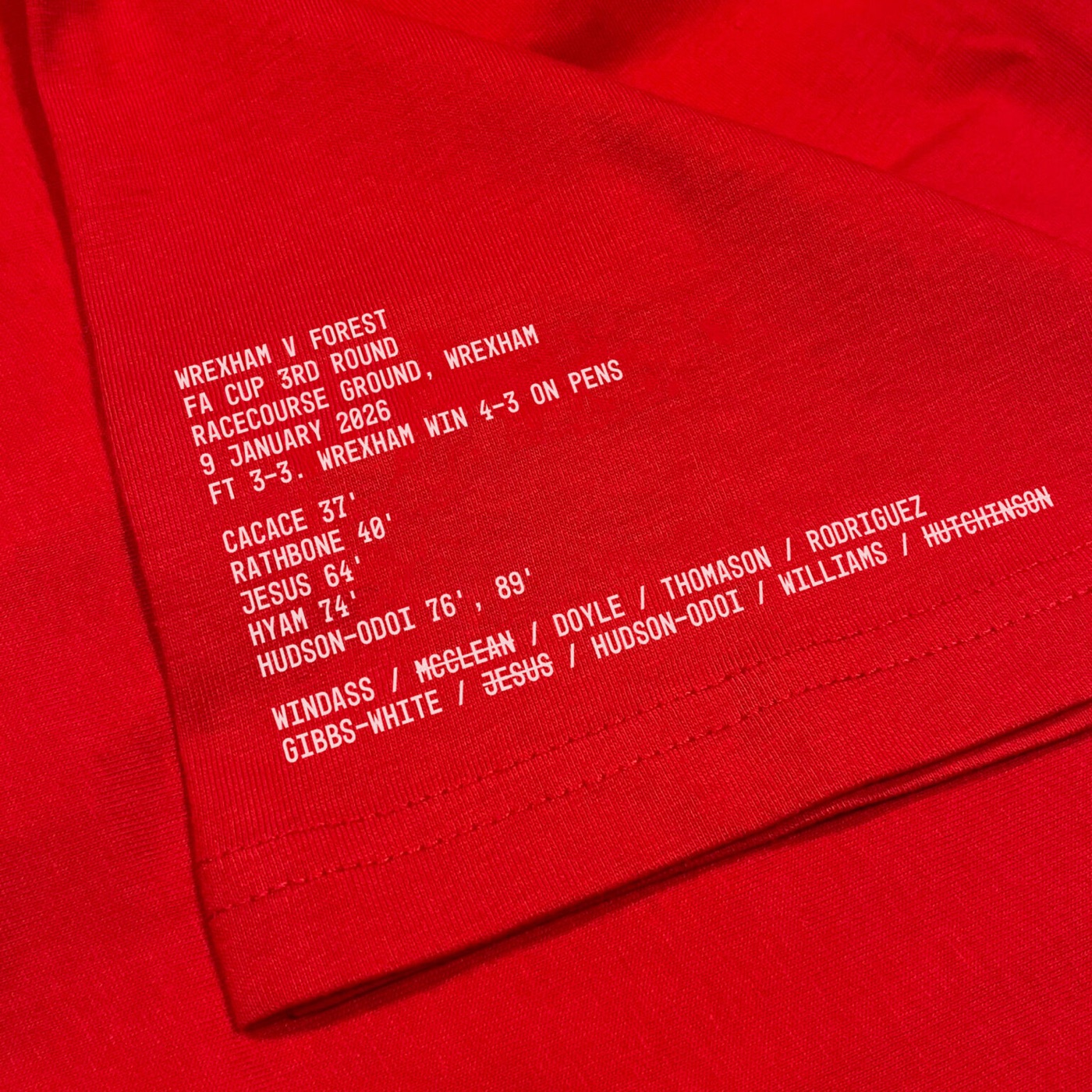 Close-up detail of a Resultees Wrexham FA Cup tee